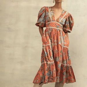 Anthropologie Puffed-Sleeve Peasant-Style Tiered Midi Dress